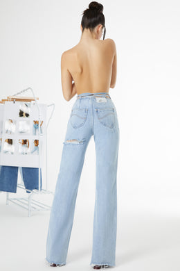 Petite Lace Up Cut Out Back Jeans in Light Blue Wash