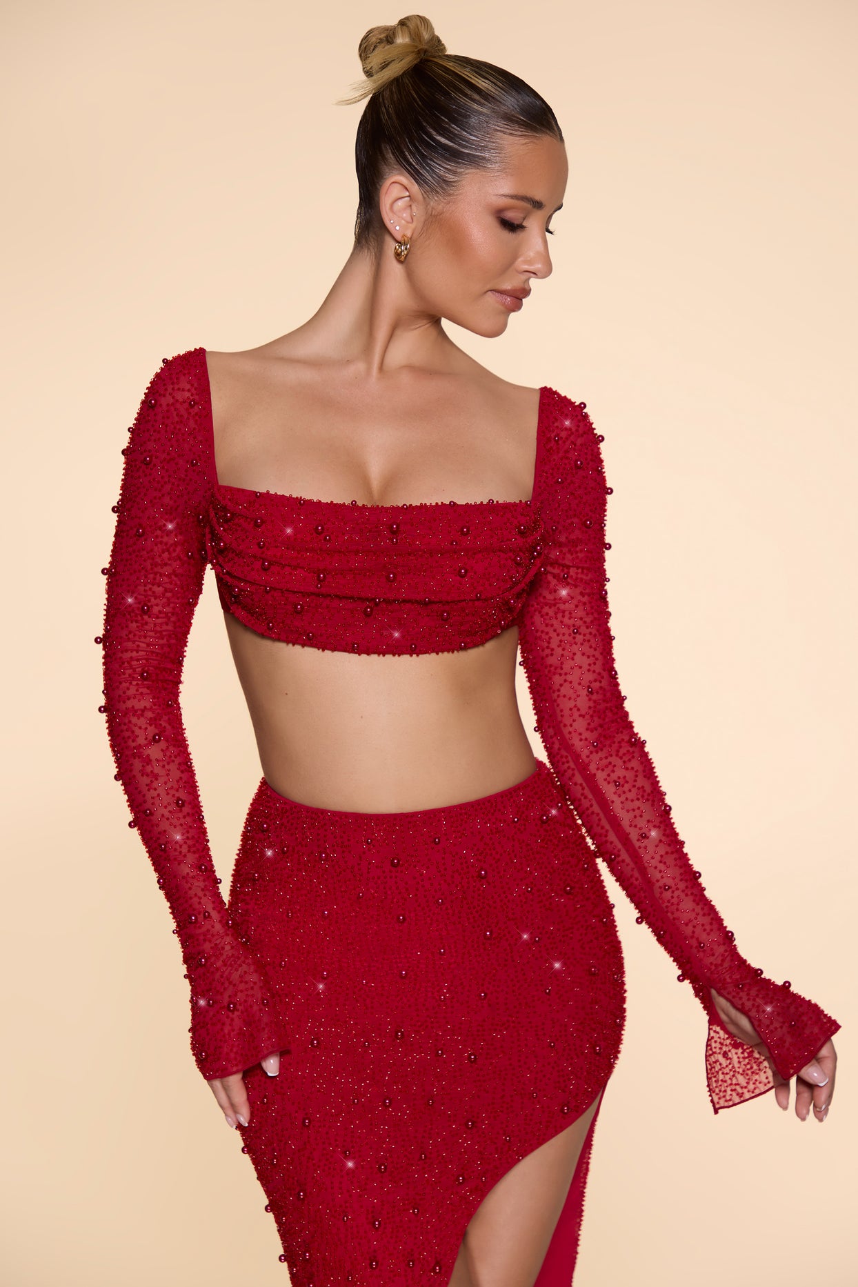 Embellished Cowl Neck Crop Top in Red