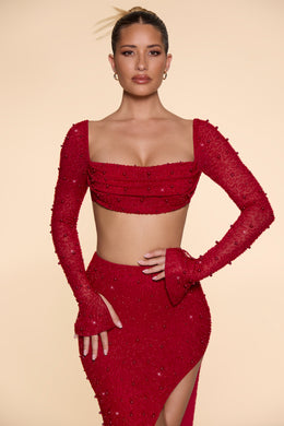 Embellished Cowl Neck Crop Top in Red