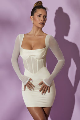 Long Sleeve Mesh Corset Mini Dress in White