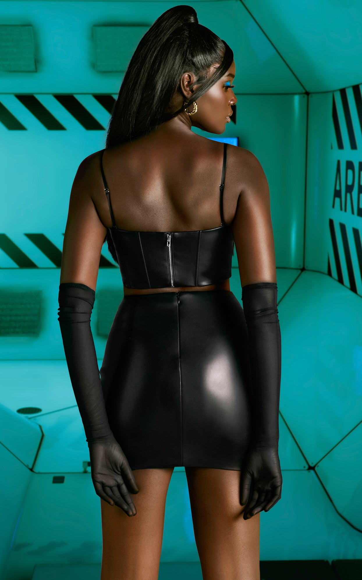 Faux Leather Thigh Split Mini Skirt in Black