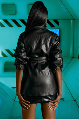 Faux Leather Belted Shacket in Black