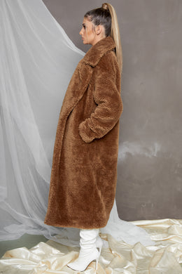 Empire Oversized Longline Cocoon Teddy Coat in Dark Brown