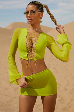 Lime Lace Up Long Sleeve Crop Top