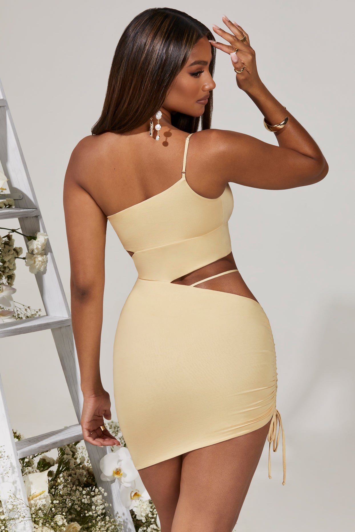 Ruched Drawstring Front Cut Out Double Strap Bodycon Midi Dress