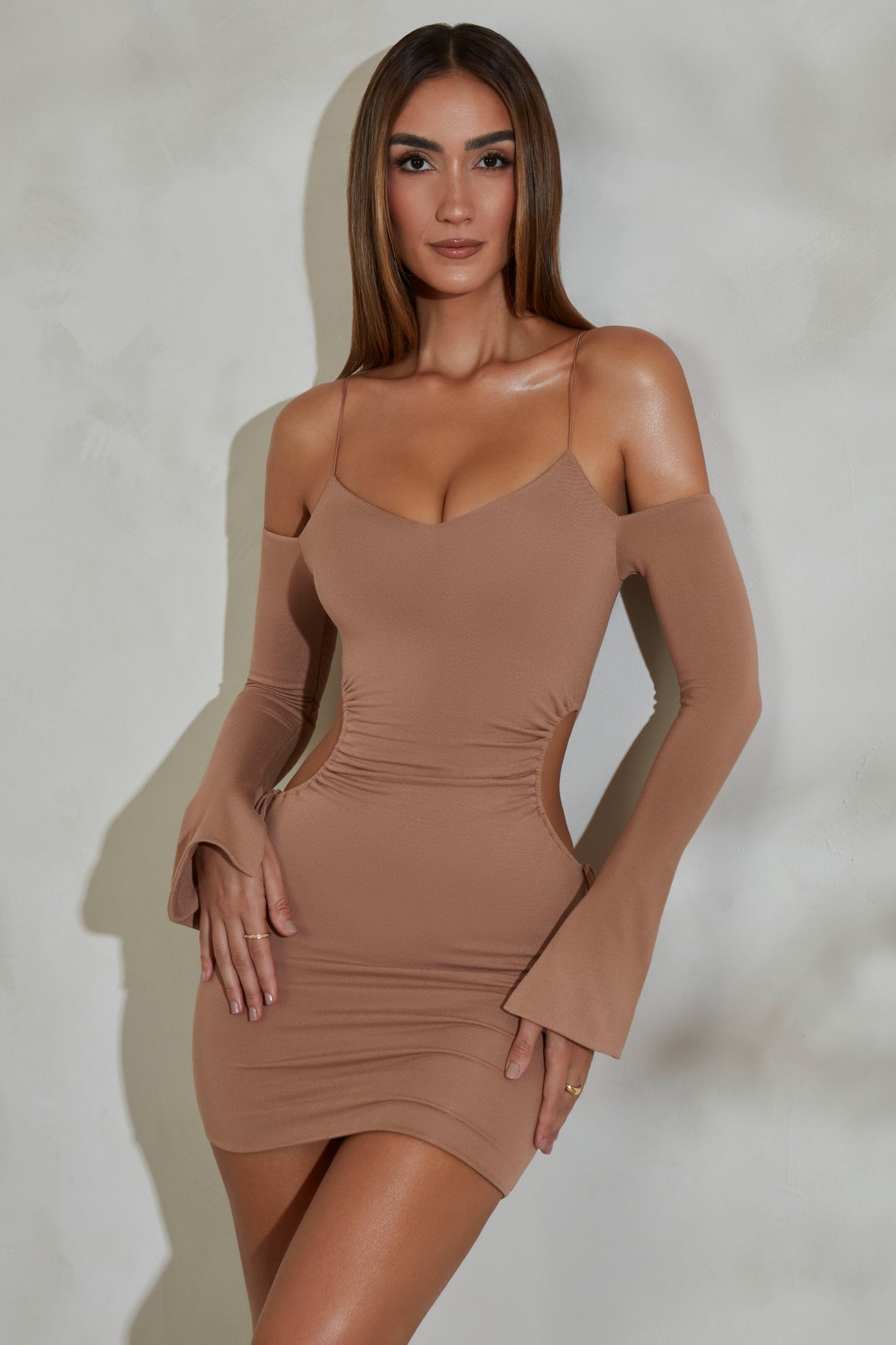 Rumi Ruched Cut Out Sides Long Sleeve Mini Dress in Tan