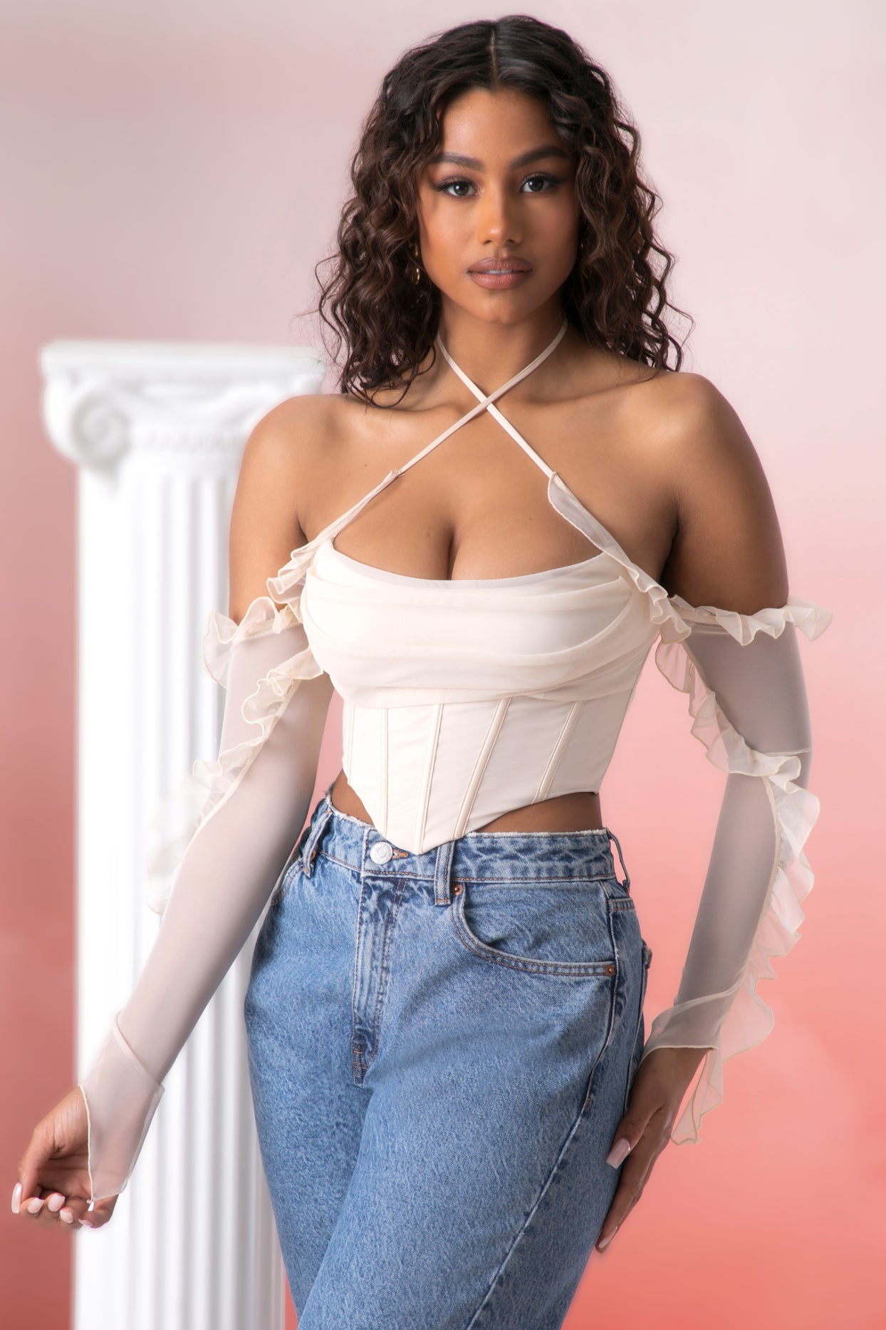 Frill Detail Cowl Neck Crop Top in Stone