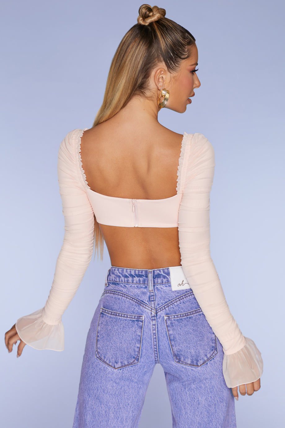 Long Sleeve Ruched Crop Top in Blush - 2