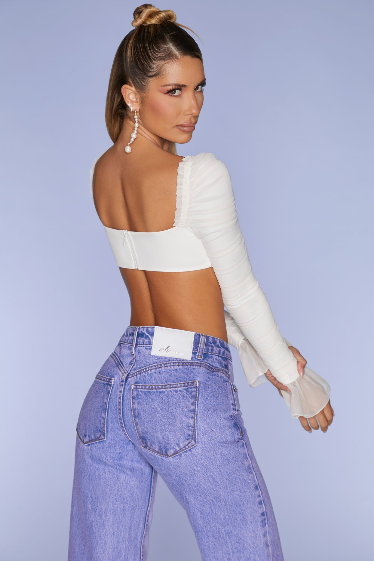 Ivory Ruched Mesh Cut Out Crop Top