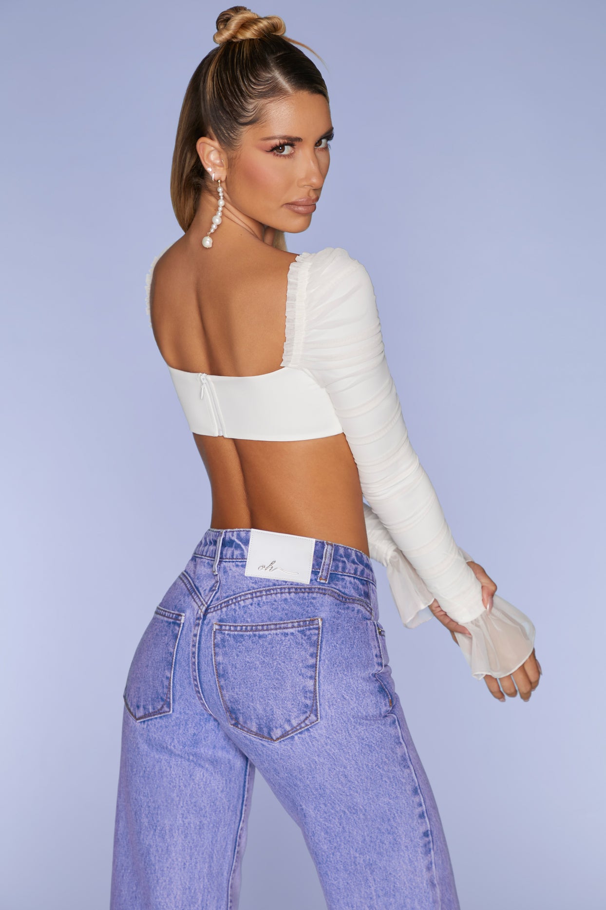 Long Sleeve Ruched Crop Top in Ivory - 7