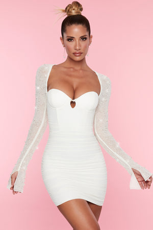 Embellished Long Sleeve Mini Dress in White