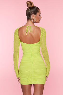 Embellished Long Sleeve Mini Dress in Lime
