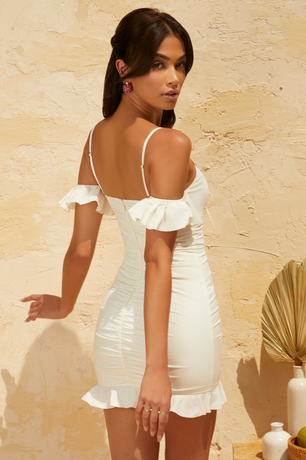 Off Shoulder Ruffle Mini Dress in White