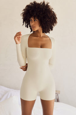 Long Sleeve Square Neck Unitard in Ivory