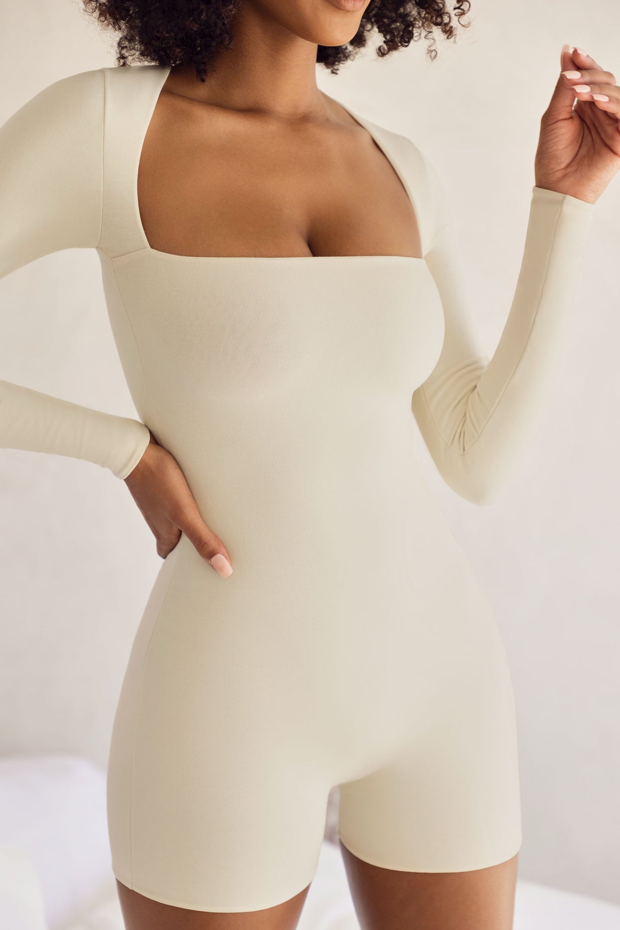 Long Sleeve Square Neck Unitard in Ivory