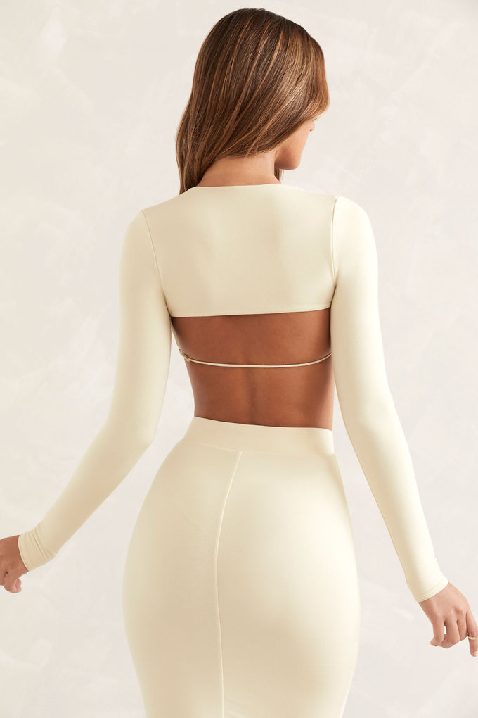 Cut Out Back Long Sleeve Crop Top in Ivory