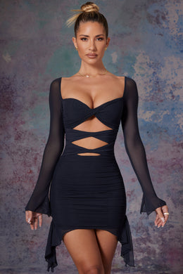 Sukienka mini z długim rękawem i wycięciem w kolorze ciemnej czerni