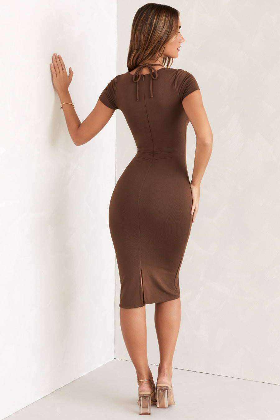 Lynden Cap Sleeve Cut Out Midi Dress in Brown Oh Polly