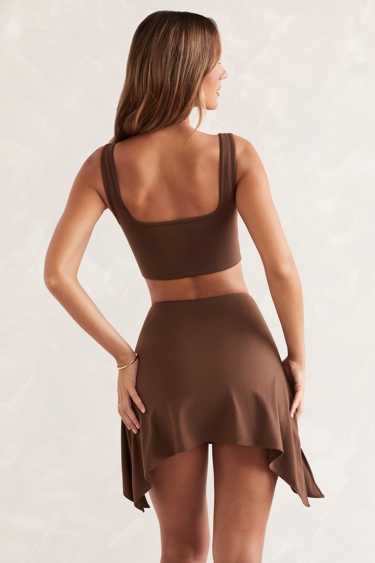 Asymmetric Hem Mini Skirt in Brown
