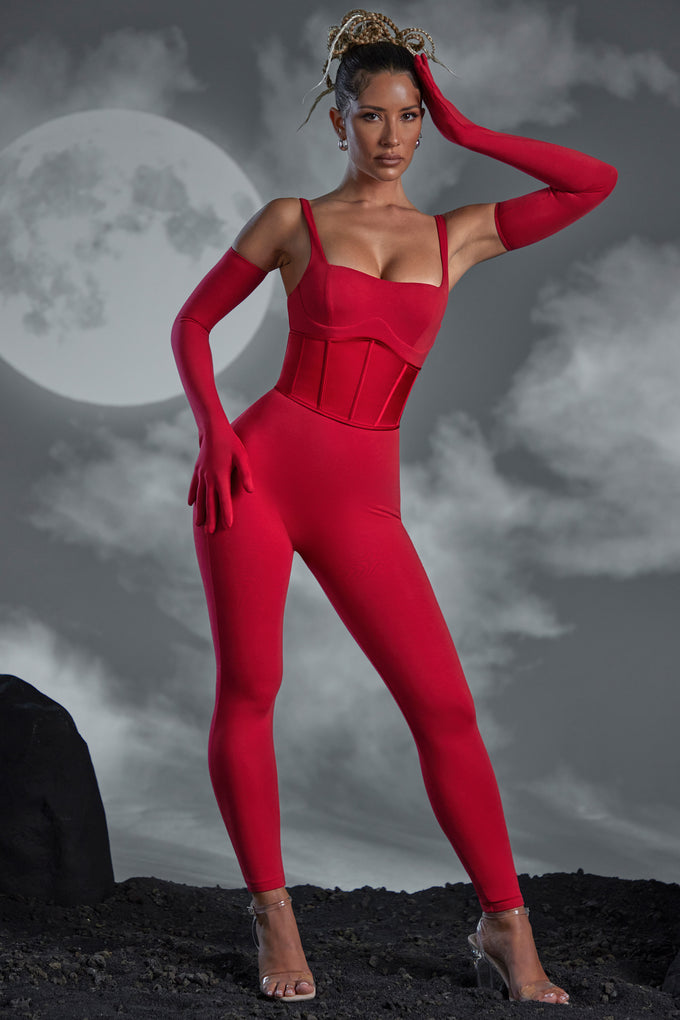 Square Neckline Jumpsuit with Gloves in Red