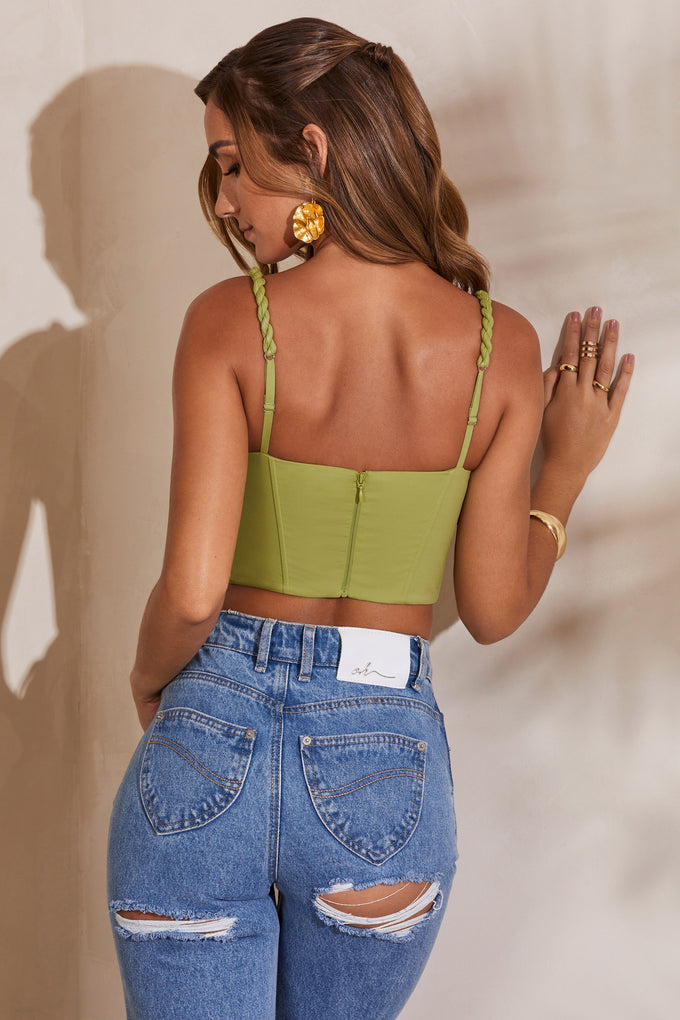 Back  view of Amal slight cowl corset crop top in green