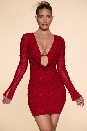 Nice Embellished Long Sleeve Plunge Mini Dress in Red Oh Polly