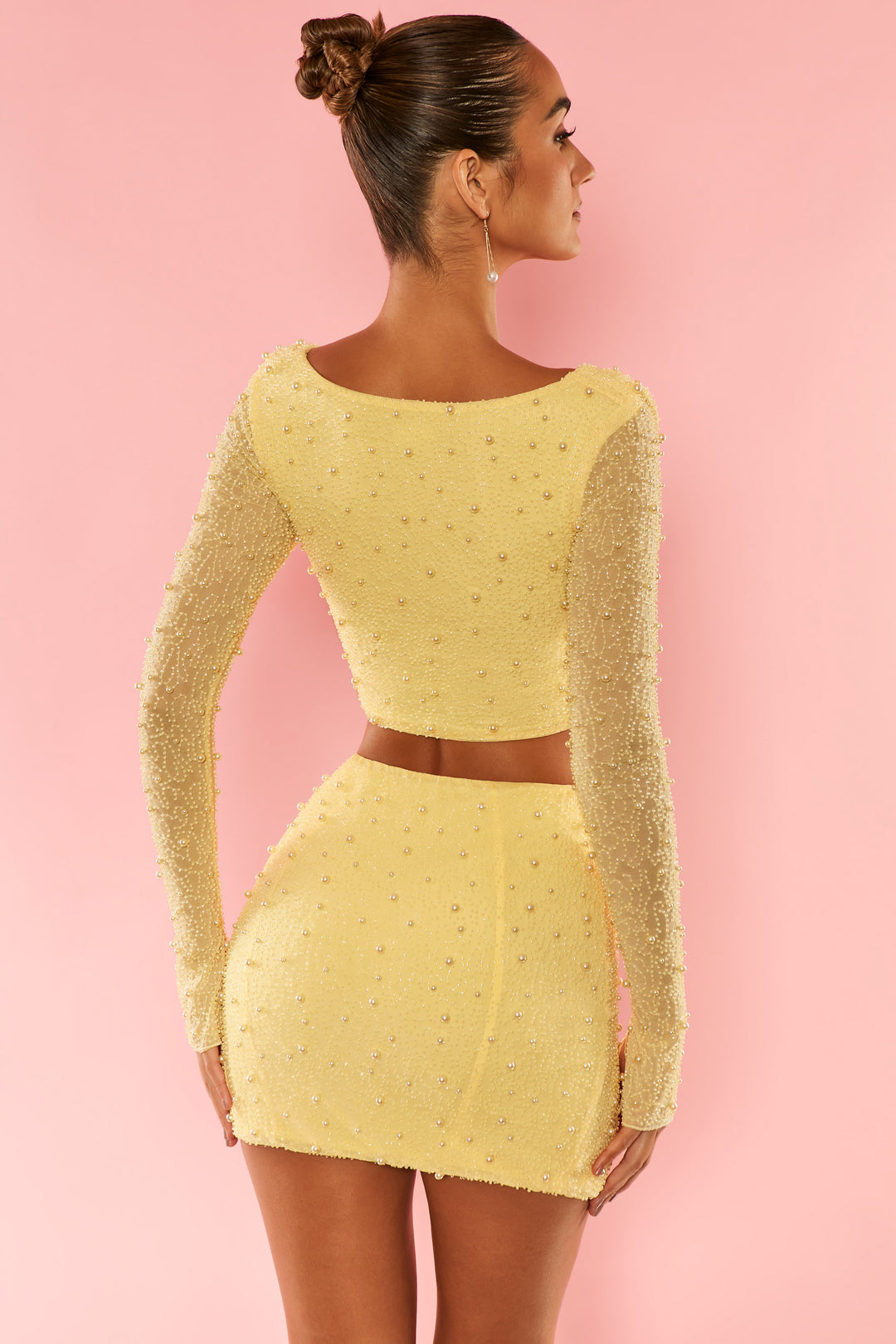 Villefranche Embellished Long Sleeve Deep Plunge Crop Top in Yellow