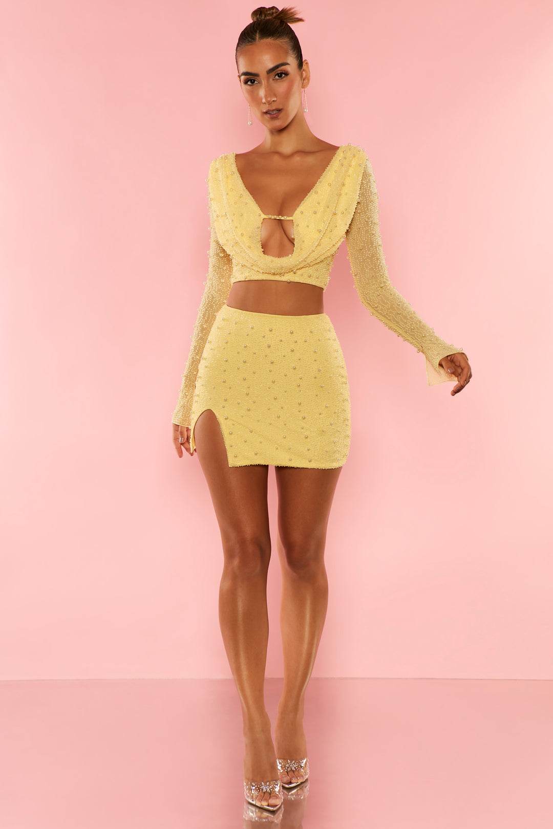 Villefranche Embellished Long Sleeve Deep Plunge Crop Top in Yellow