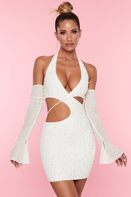 Embellished Cold Shoulder Cut Out Mini Dress in White