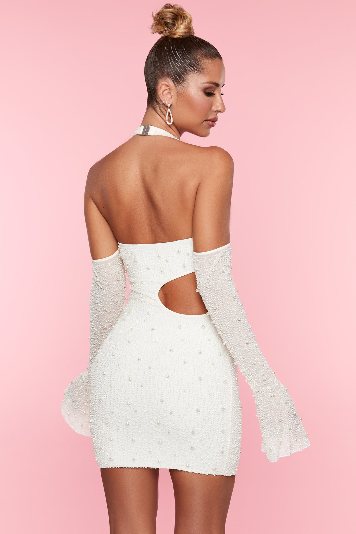 Embellished Cold Shoulder Cut Out Mini Dress in White