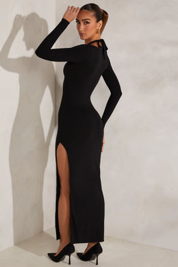 Sukienka maxi z długim rękawem i głębokim dekoltem w kolorze czarnym