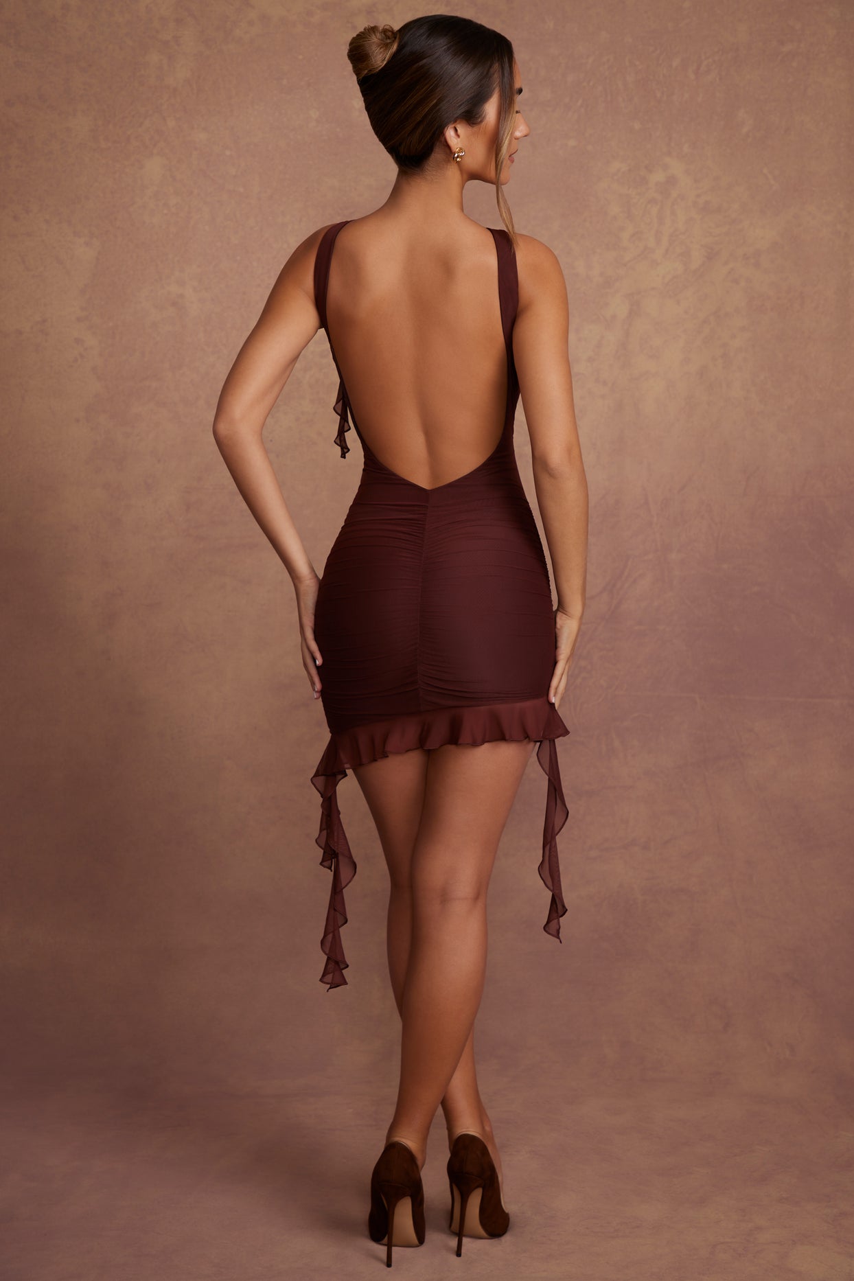 Backless Ruffle Detailing Mini Dress in Brown