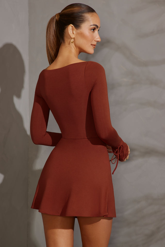 Long Sleeve A-Line Mini Dress in Brick