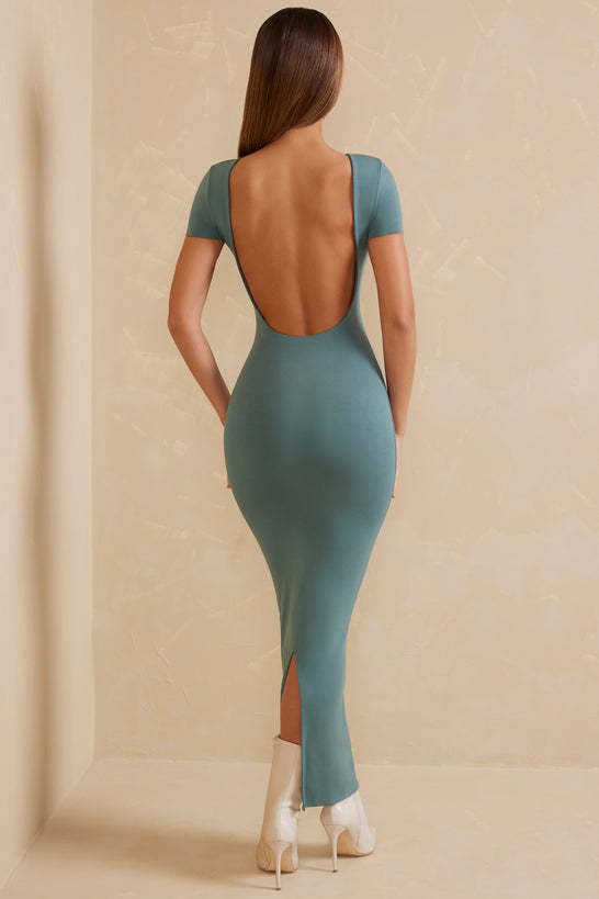 Sukienka maxi z odkrytymi plecami i rękawami Cap w kolorze turkusowym