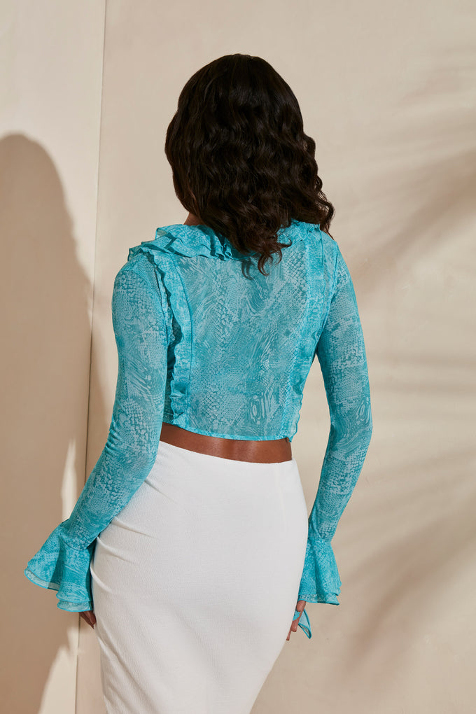 Back view of ruffles and mesh fabric.