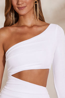 Close up view of Ali one shoulder flare sleeve mini dress in white