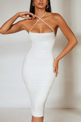 Front Cross Strap Ruched Midi Dress in Ivory