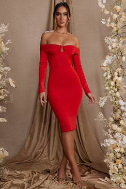 Long Sleeve Bardot Neckline Midi Dress in Red