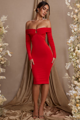 Long Sleeve Bardot Neckline Midi Dress in Red