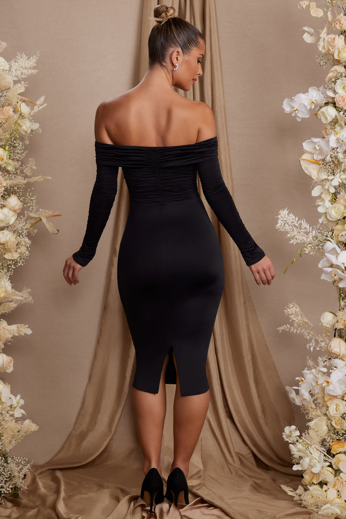 Sukienka midi z długim rękawem i dekoltem bardot w kolorze czarnym