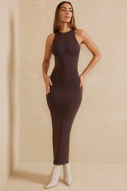 Open Back Racer Neck Maxi Dress in Chocolate