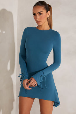 Mini-robe trapèze à col haut en bleu sarcelle