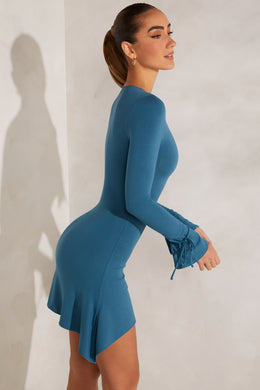 Sukienka mini o linii A z wysokim dekoltem w kolorze turkusowym