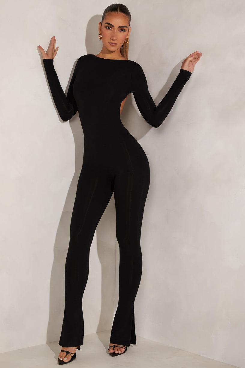 High Neck Open Back Jumpsuit in Black - 1
