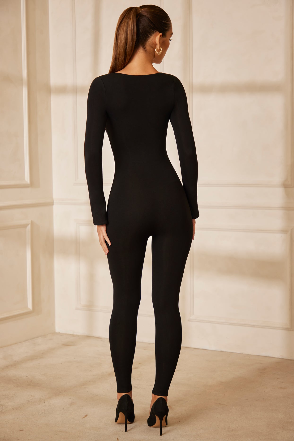 Sweetheart Neckline Long Sleeve Jumpsuit in Black