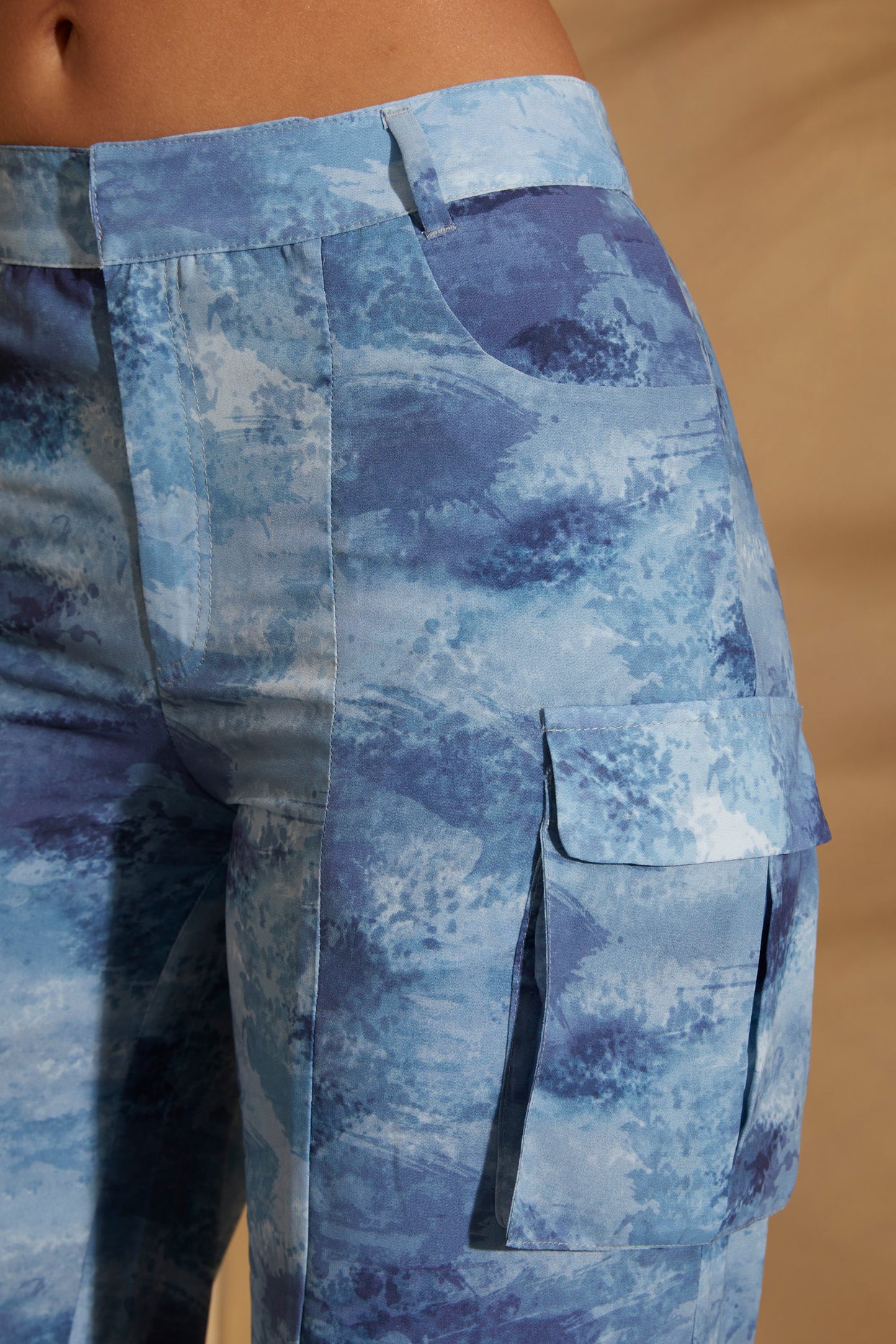 High Waist Camo Cargo Trousers in Blue Print