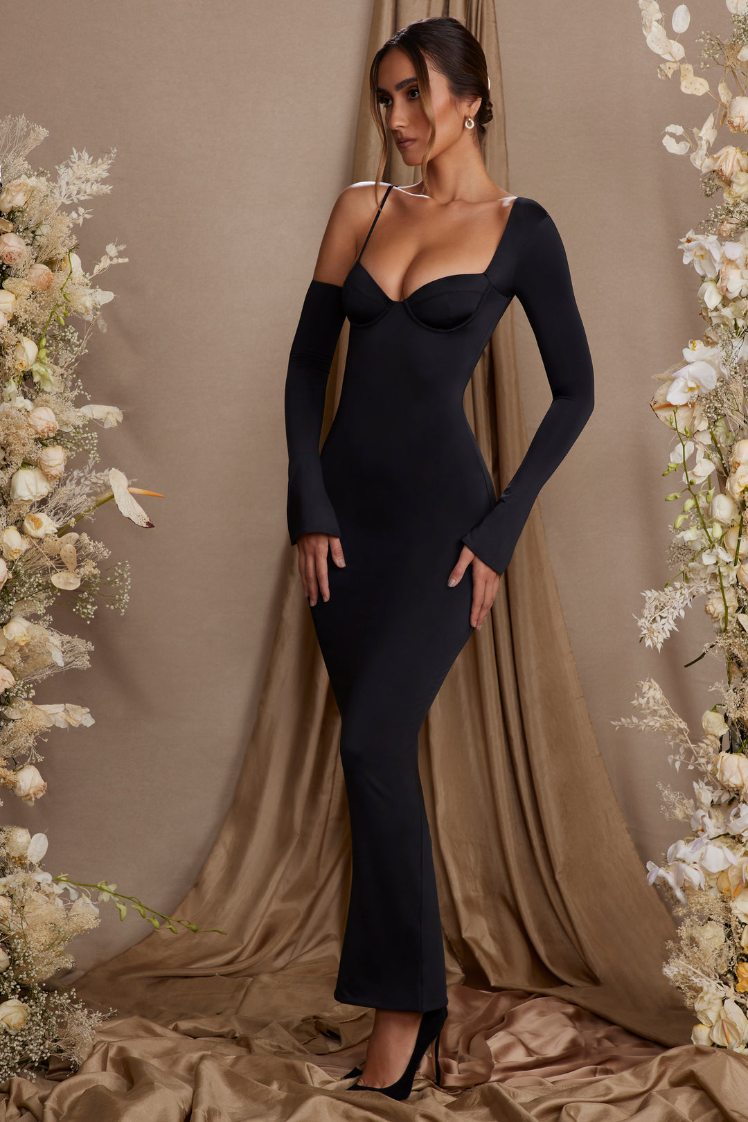 Isolde Long Sleeve Off The Shoulder Maxi Dress in Black | Oh Polly