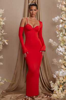 Sukienka maxi z długim rękawem i odkrytymi ramionami w kolorze czerwonym