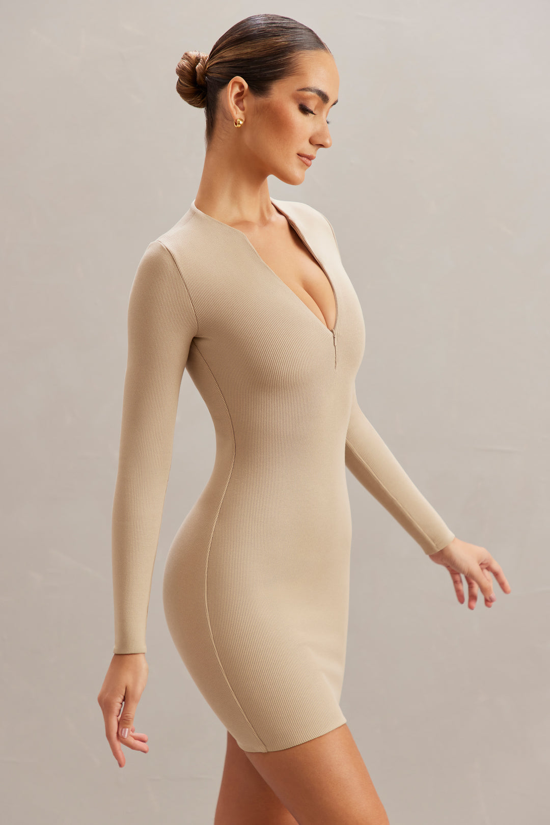 Koen Long Sleeve Zip Up Mini Dress in Stone Oh Polly