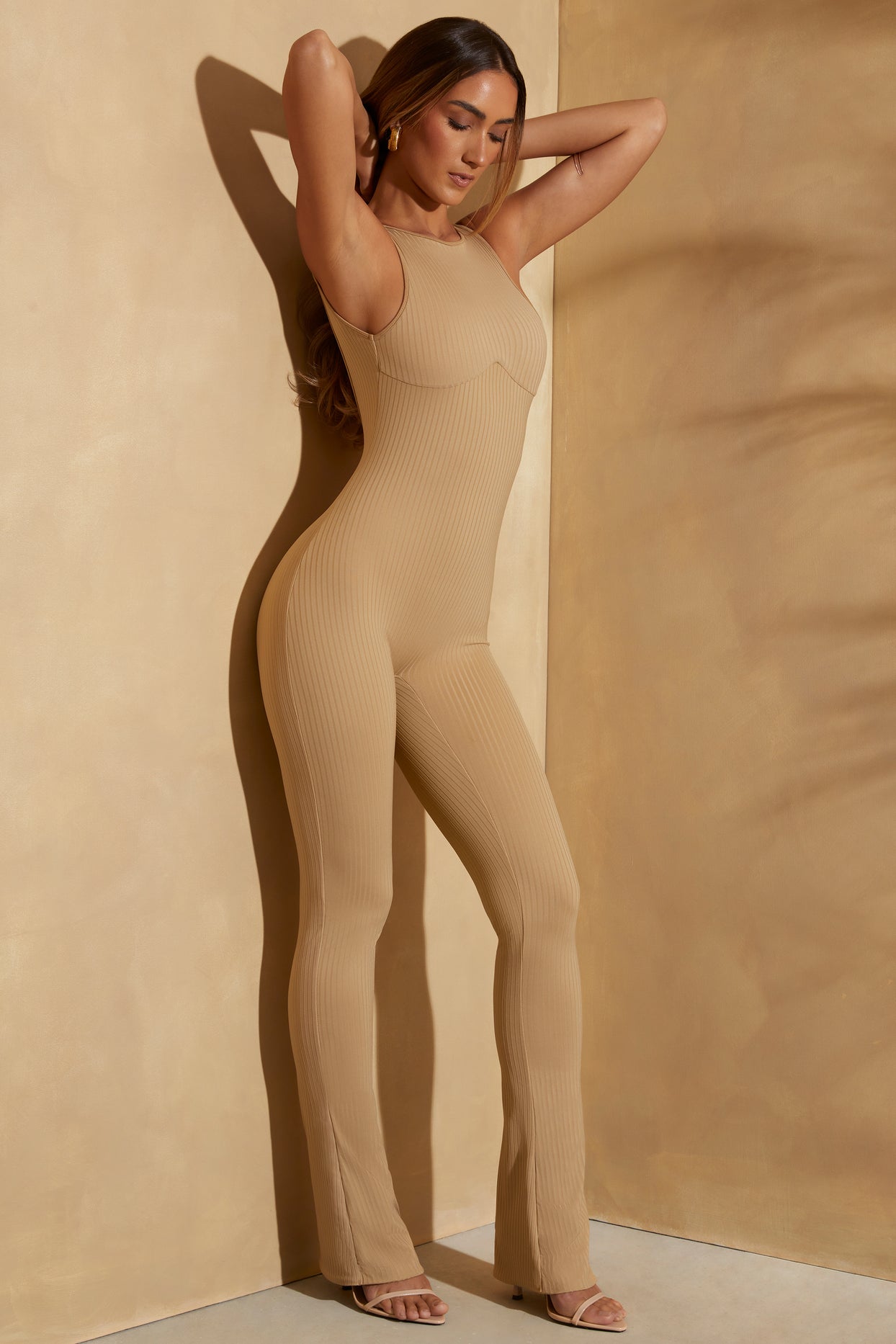 Petite Ribbed Cut Out Back Jumpsuit in Tan